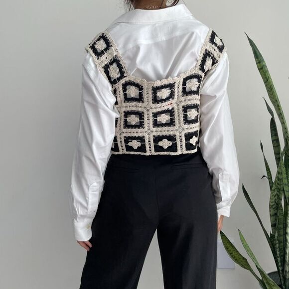 Crochet Knit Square Neck Cropped Sweater Vest in Neutral - Picture 6 of 8